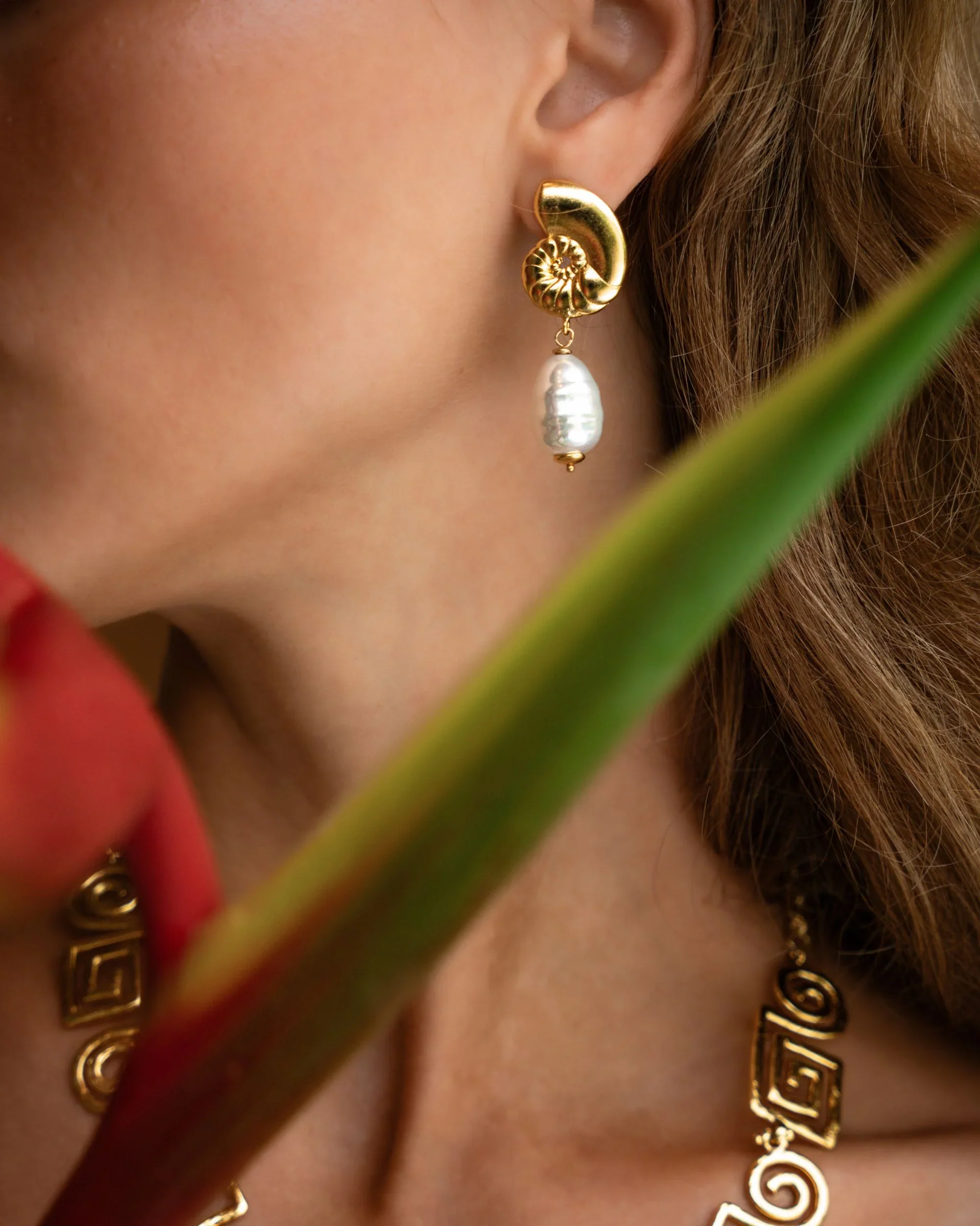 Nautilis Shell Pearl Drop Stud Earring - Image 2